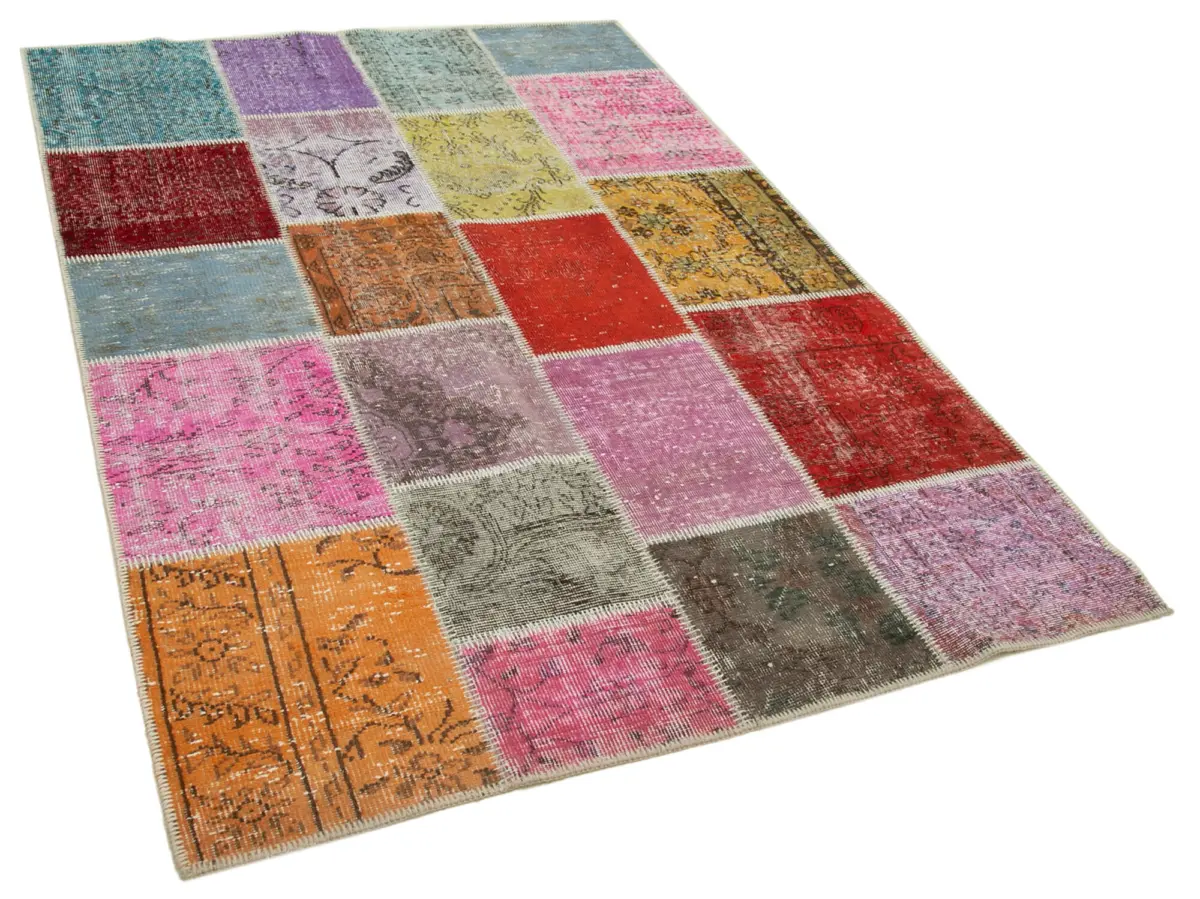 Patchwork Multi Pamuk Üzerine Yün El Dokuma Kilim-144x212 - Görsel 2
