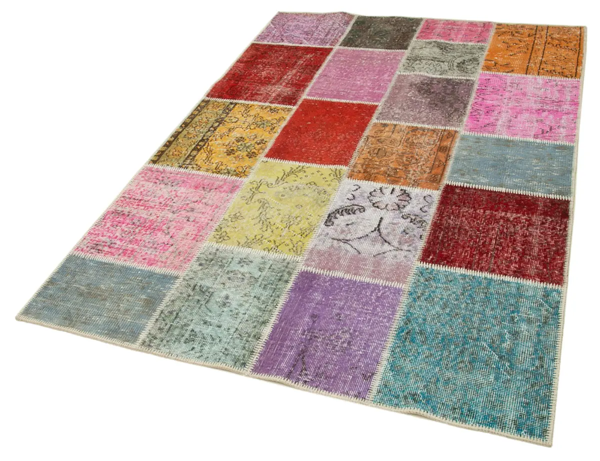 Patchwork Multi Pamuk Üzerine Yün El Dokuma Kilim-144x212 - Görsel 3