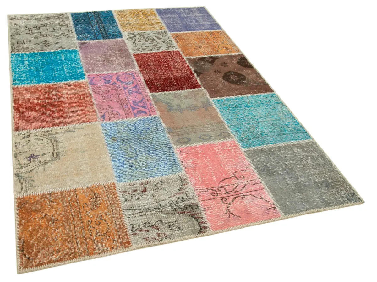 Patchwork Multi Pamuk Üzerine Yün El Dokuma Kilim-145x203 - Görsel 2
