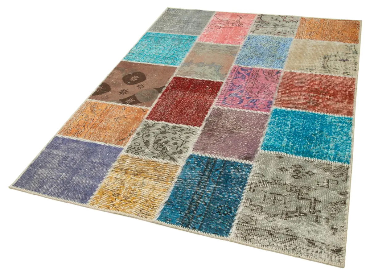 Patchwork Multi Pamuk Üzerine Yün El Dokuma Kilim-145x203 - Görsel 3
