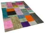 Patchwork Multi Pamuk Üzerine Yün El Dokuma Kilim-142x201 - Görsel 2