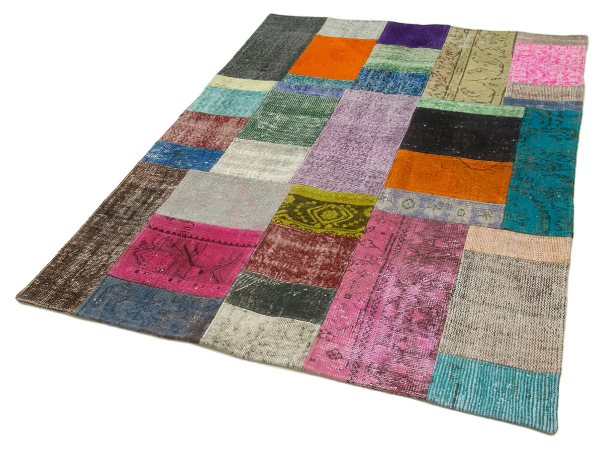 Patchwork Multi Pamuk Üzerine Yün El Dokuma Kilim-142x201 - Görsel 3