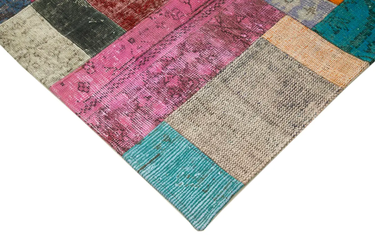 Patchwork Multi Pamuk Üzerine Yün El Dokuma Kilim-142x201 - Görsel 4