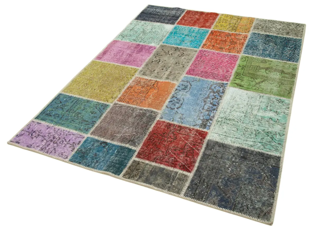 Patchwork Multi Pamuk Üzerine Yün El Dokuma Kilim-142x202 - Görsel 3