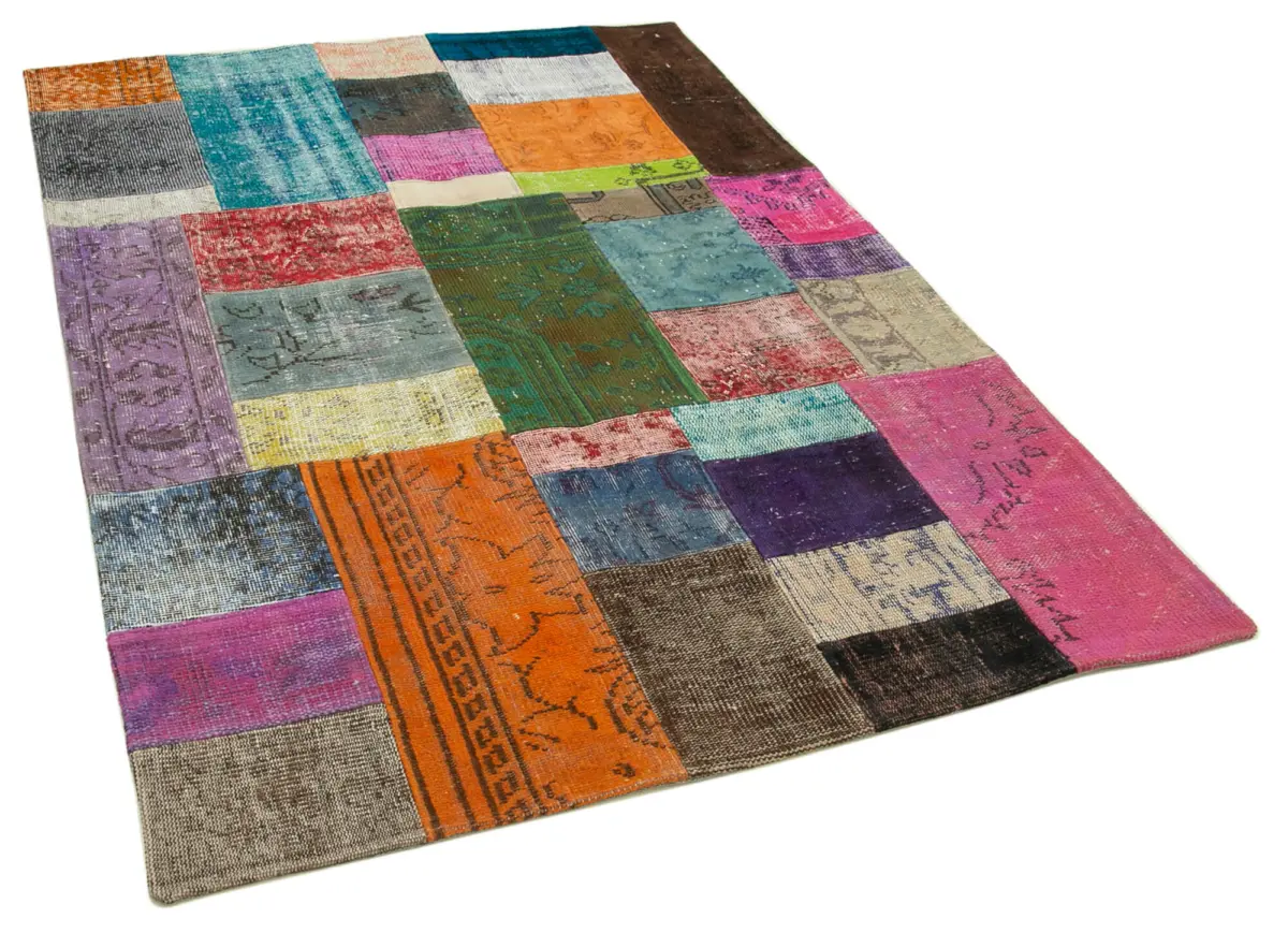 Patchwork Multi Pamuk Üzerine Yün El Dokuma Kilim-140x201 - Görsel 2