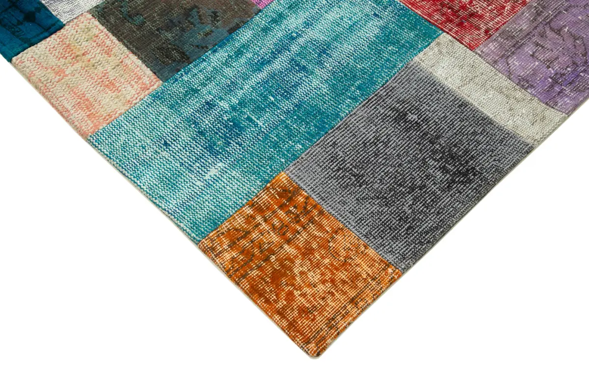 Patchwork Multi Pamuk Üzerine Yün El Dokuma Kilim-140x201 - Görsel 4