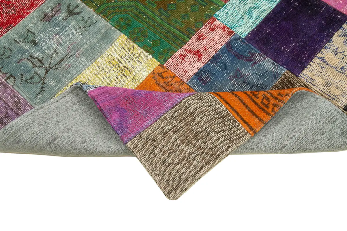 Patchwork Multi Pamuk Üzerine Yün El Dokuma Kilim-140x201 - Görsel 6