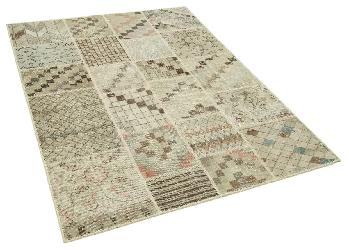 Patchwork Bej Pamuk Üzerine Yün El Dokuma Kilim-134x181 - Görsel 2