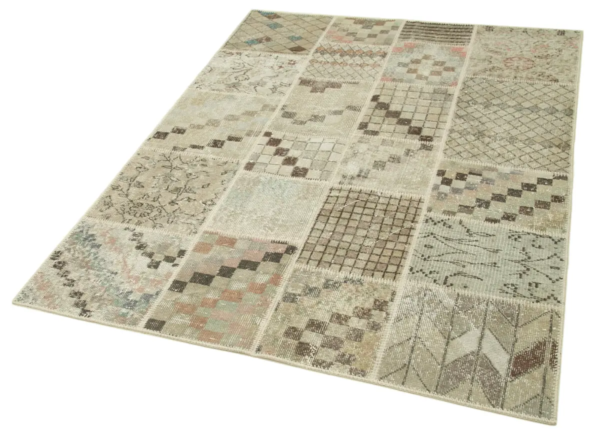 Patchwork Bej Pamuk Üzerine Yün El Dokuma Kilim-134x181 - Görsel 3