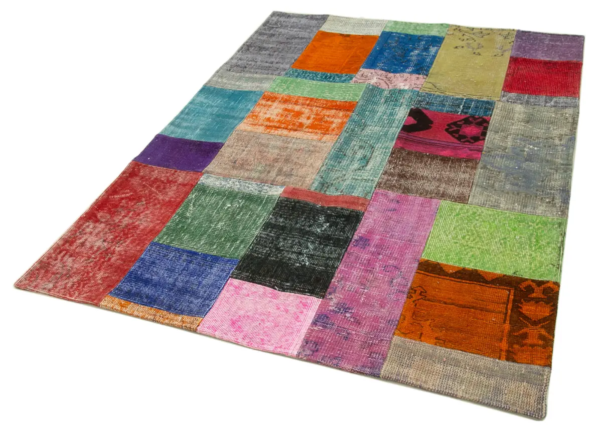 Patchwork Multi Pamuk Üzerine Yün El Dokuma Kilim-142x201 - Görsel 3