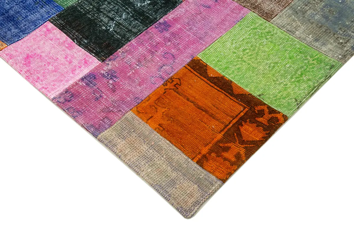 Patchwork Multi Pamuk Üzerine Yün El Dokuma Kilim-142x201 - Görsel 4