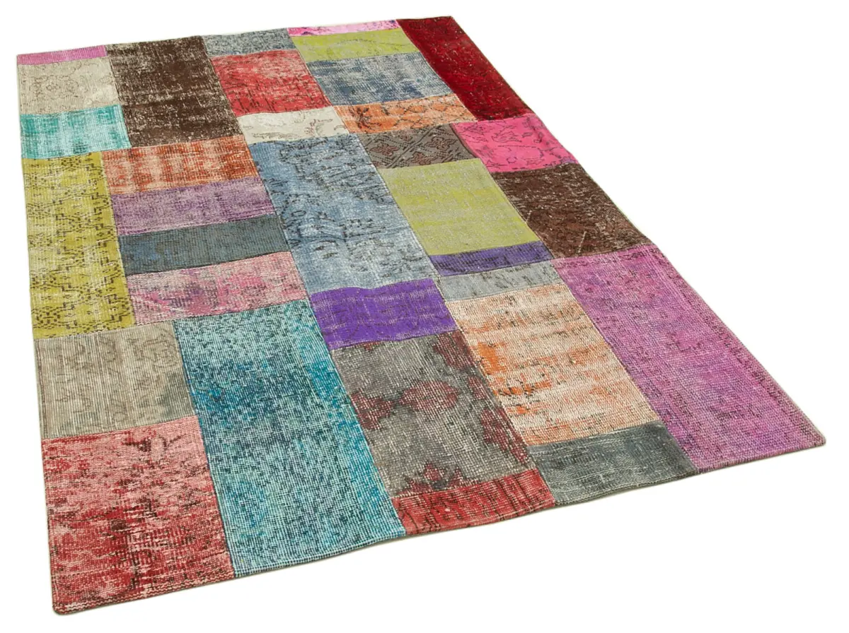 Patchwork Multi Pamuk Üzerine Yün El Dokuma Kilim-142x200 - Görsel 2