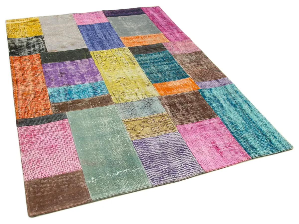 Patchwork Multi Pamuk Üzerine Yün El Dokuma Kilim-143x202 - Görsel 2