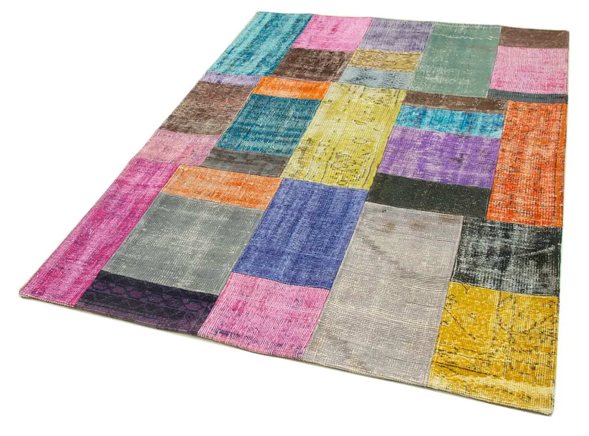 Patchwork Multi Pamuk Üzerine Yün El Dokuma Kilim-143x202 - Görsel 3