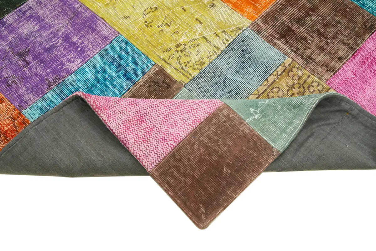 Patchwork Multi Pamuk Üzerine Yün El Dokuma Kilim-143x202 - Görsel 6