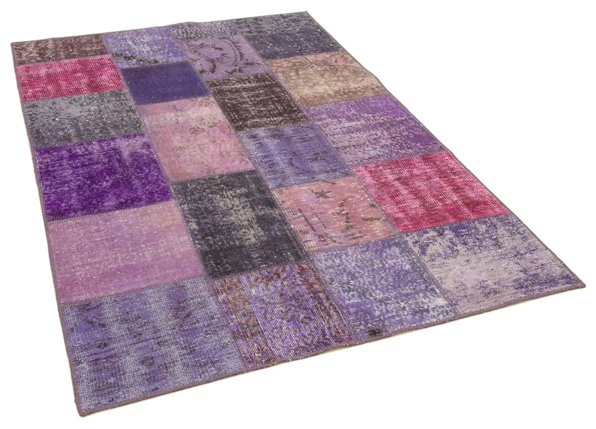 Patchwork Mor Pamuk Üzerine Yün El Dokuma Kilim-134x200 - Görsel 2