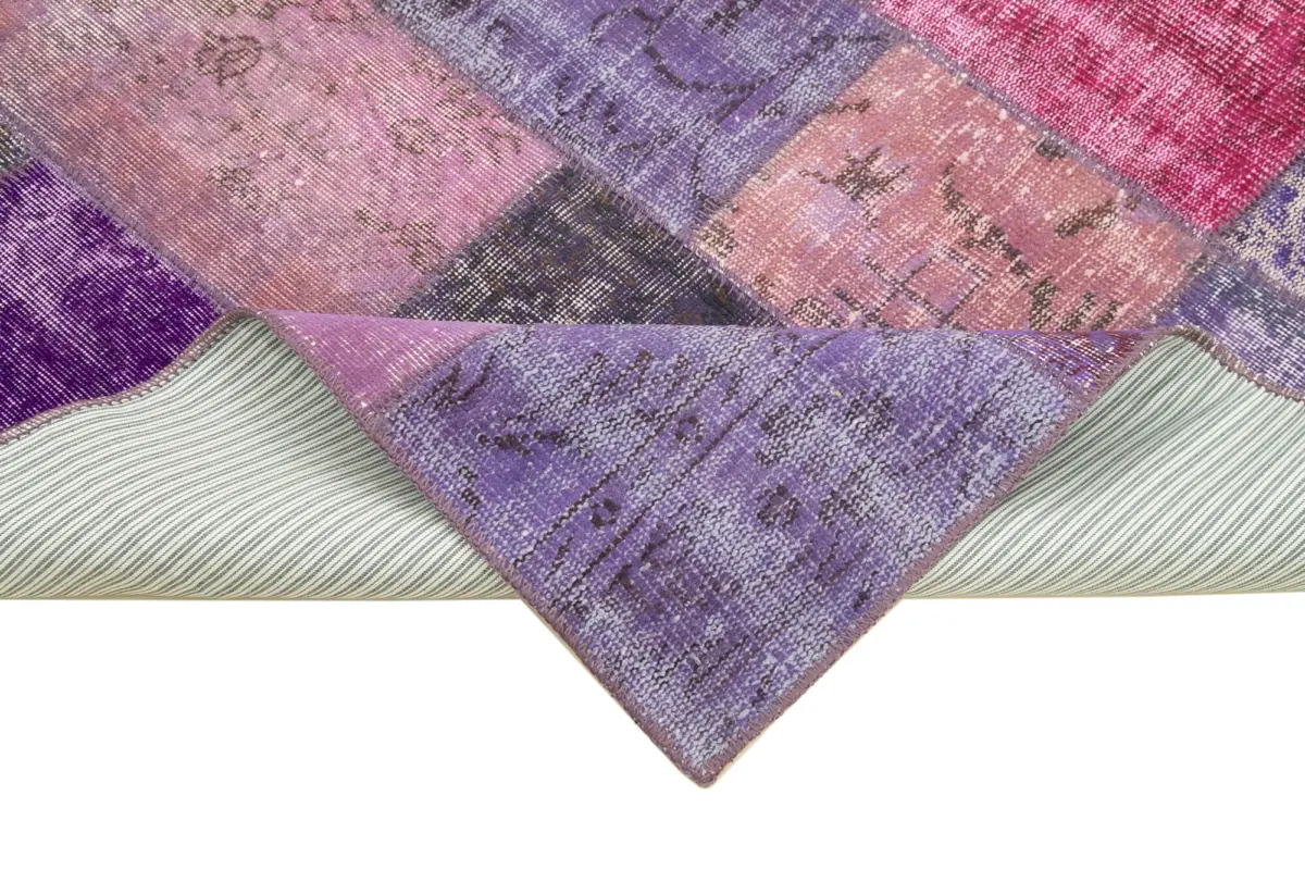 Patchwork Mor Pamuk Üzerine Yün El Dokuma Kilim-134x200 - Görsel 6