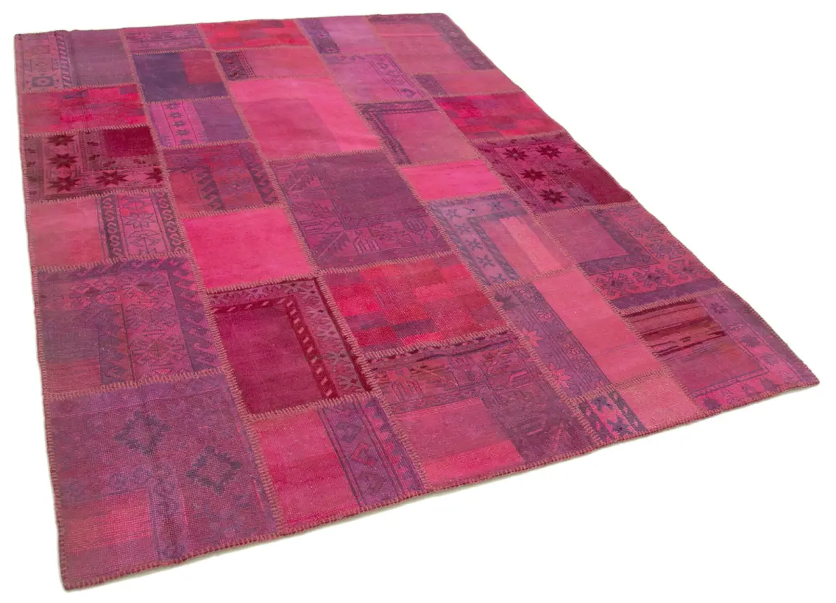 Patchwork Pembe Pamuk Üzerine Yün El Dokuma Kilim-180x236 - Görsel 2