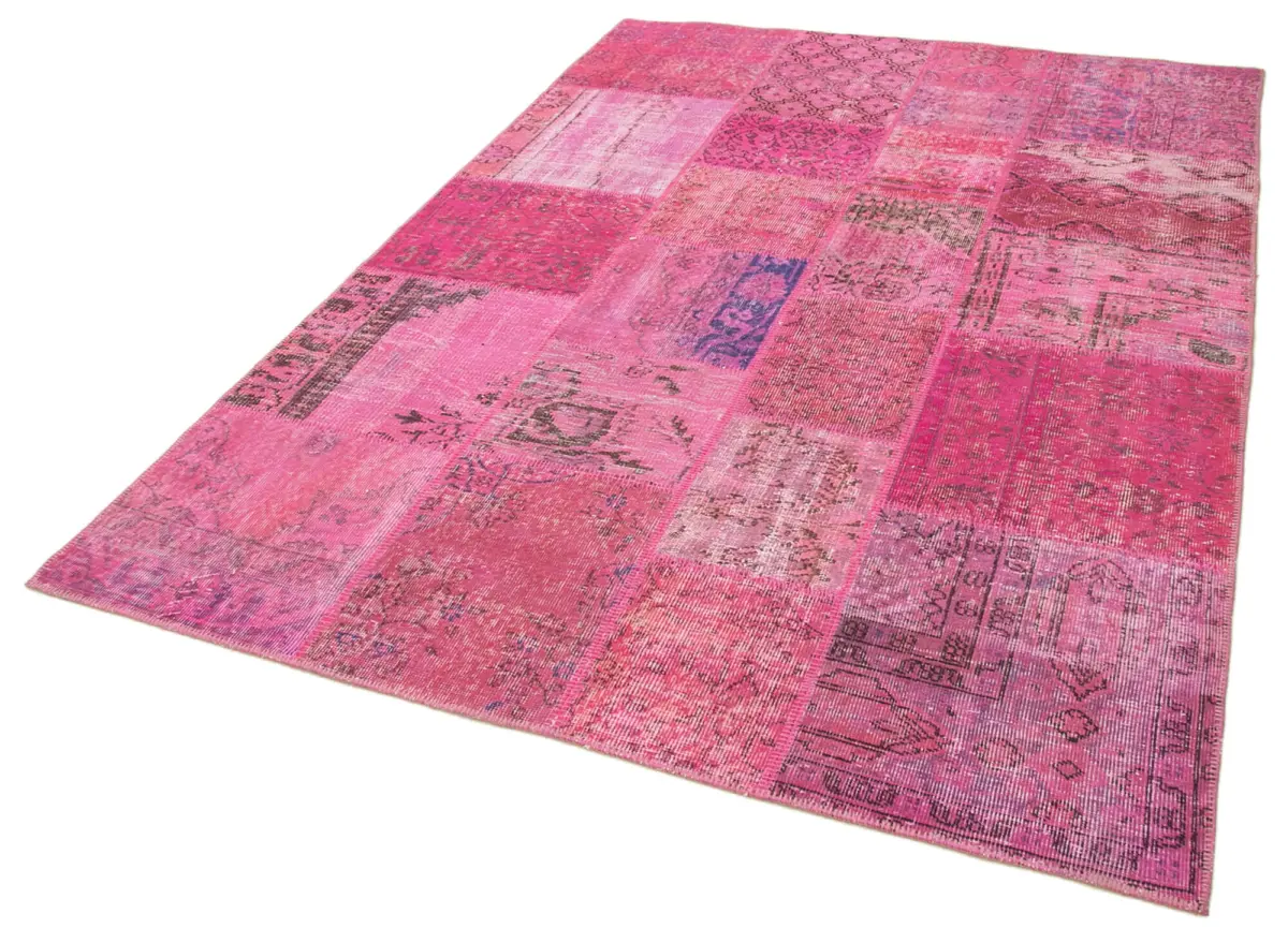 Patchwork Pembe Pamuk Üzerine Yün El Dokuma Kilim-170x240 - Görsel 3
