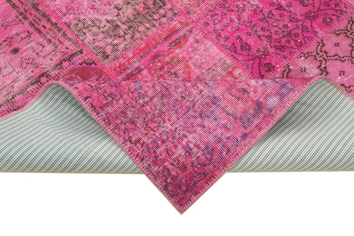 Patchwork Pembe Pamuk Üzerine Yün El Dokuma Kilim-170x240 - Görsel 6