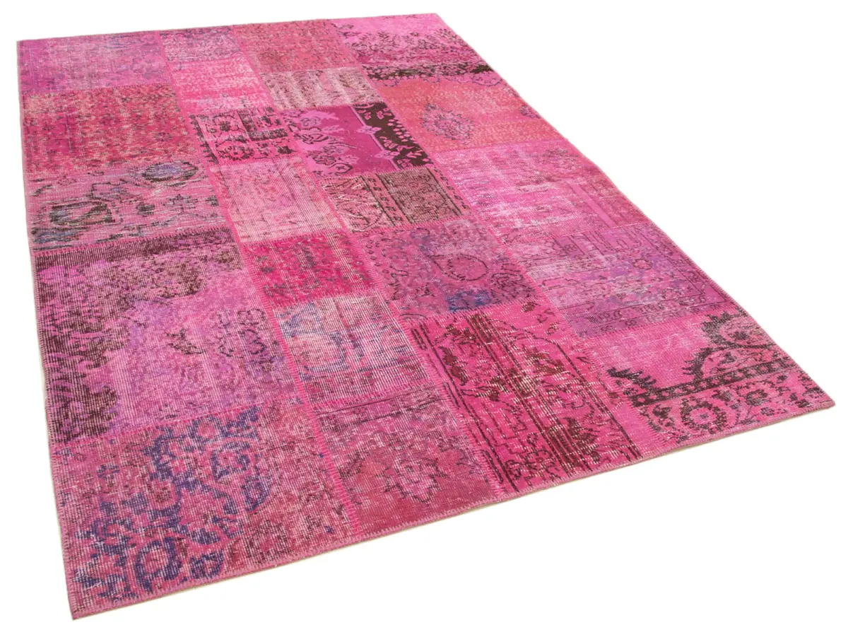 Patchwork Pembe Pamuk Üzerine Yün El Dokuma Kilim-170x241 - Görsel 2