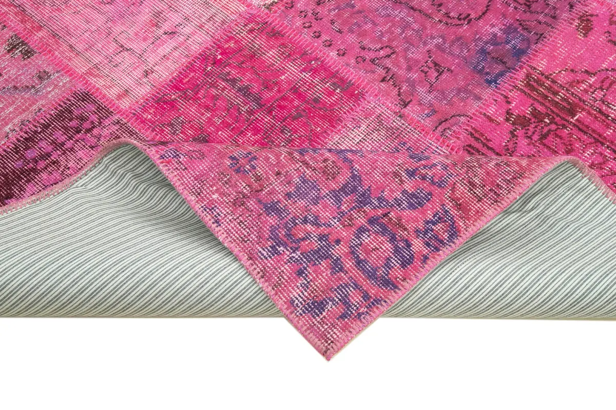 Patchwork Pembe Pamuk Üzerine Yün El Dokuma Kilim-170x241 - Görsel 6