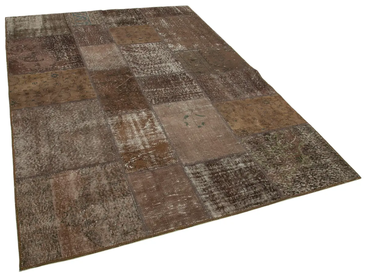 Patchwork Kahverengi Pamuk Üzerine Yün El Dokuma Kilim-171x241 - Görsel 2