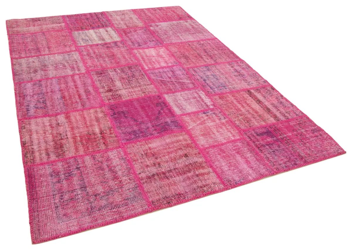 Patchwork Pembe Pamuk Üzerine Yün El Dokuma Kilim-175x242 - Görsel 2