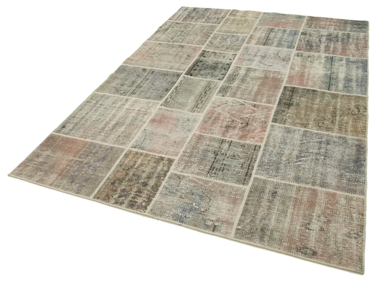Patchwork Gri Pamuk Üzerine Yün El Dokuma Kilim-172x242 - Görsel 3