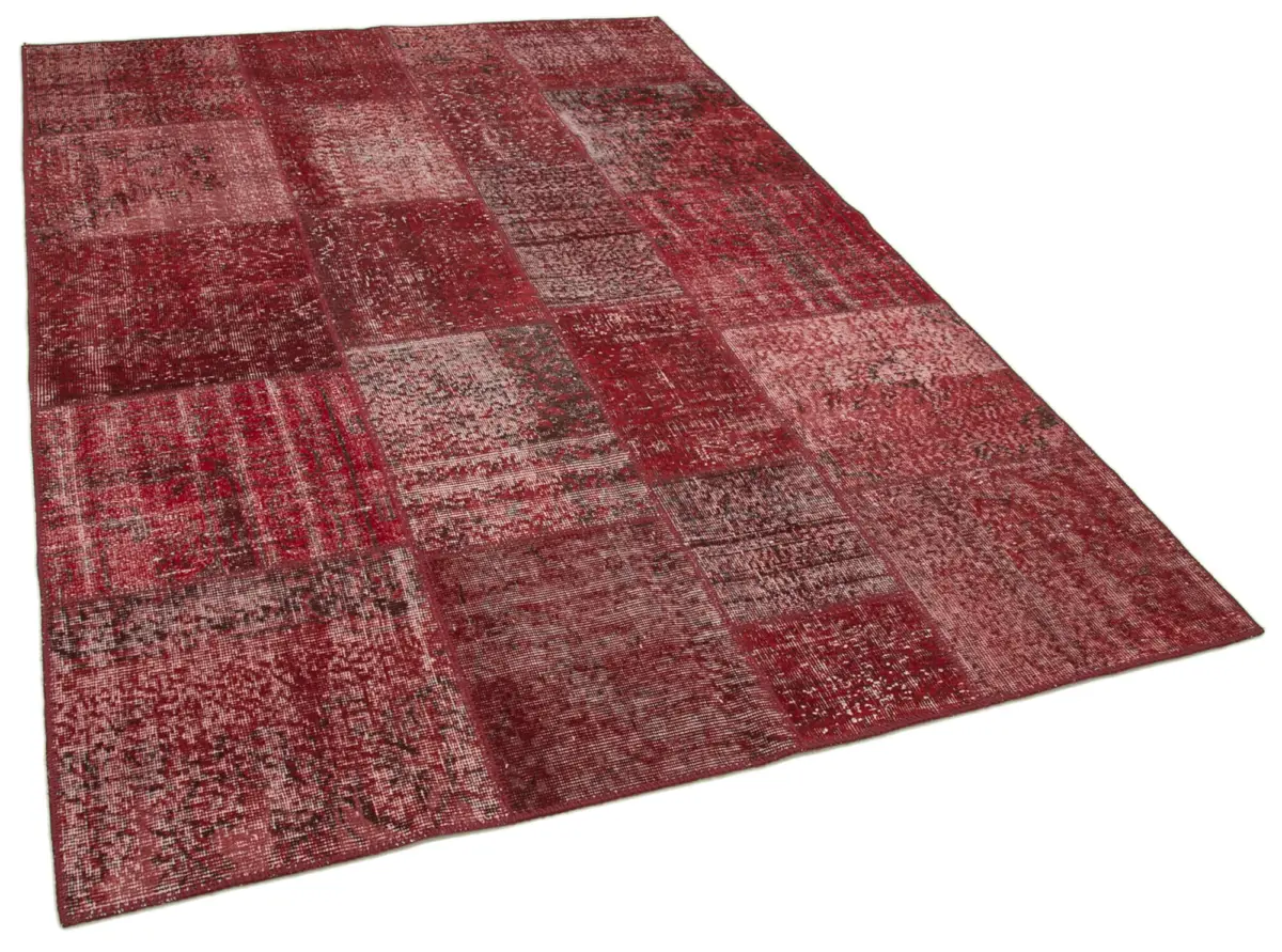 Patchwork Kırmızı Pamuk Üzerine Yün El Dokuma Kilim-170x241 - Görsel 2