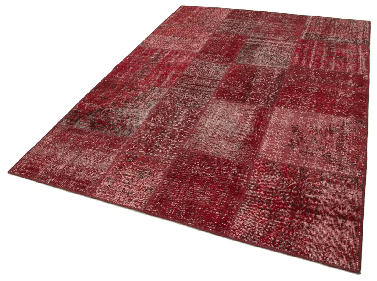Patchwork Kırmızı Pamuk Üzerine Yün El Dokuma Kilim-170x241 - Görsel 3
