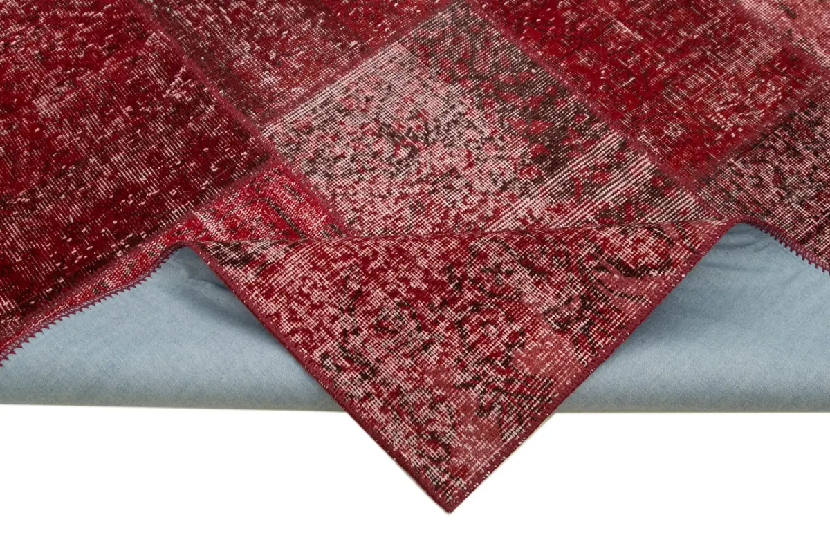 Patchwork Kırmızı Pamuk Üzerine Yün El Dokuma Kilim-170x241 - Görsel 6