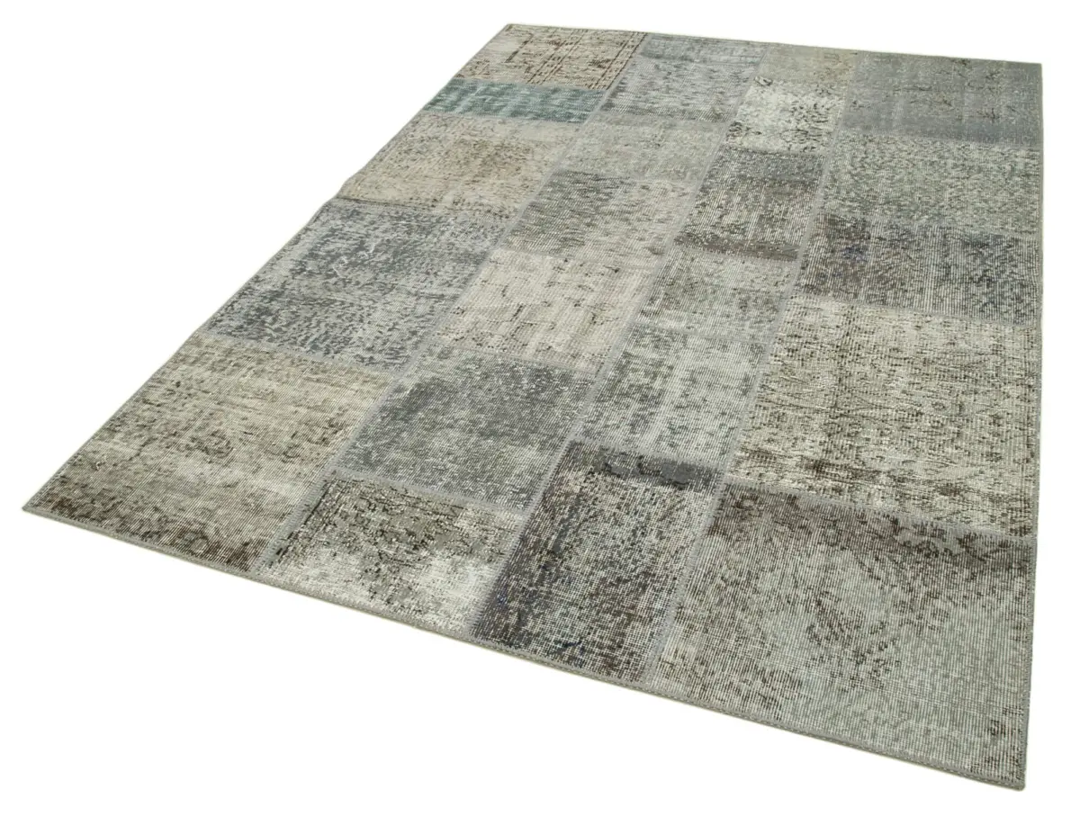 Patchwork Gri Pamuk Üzerine Yün El Dokuma Kilim-170x240 - Görsel 3