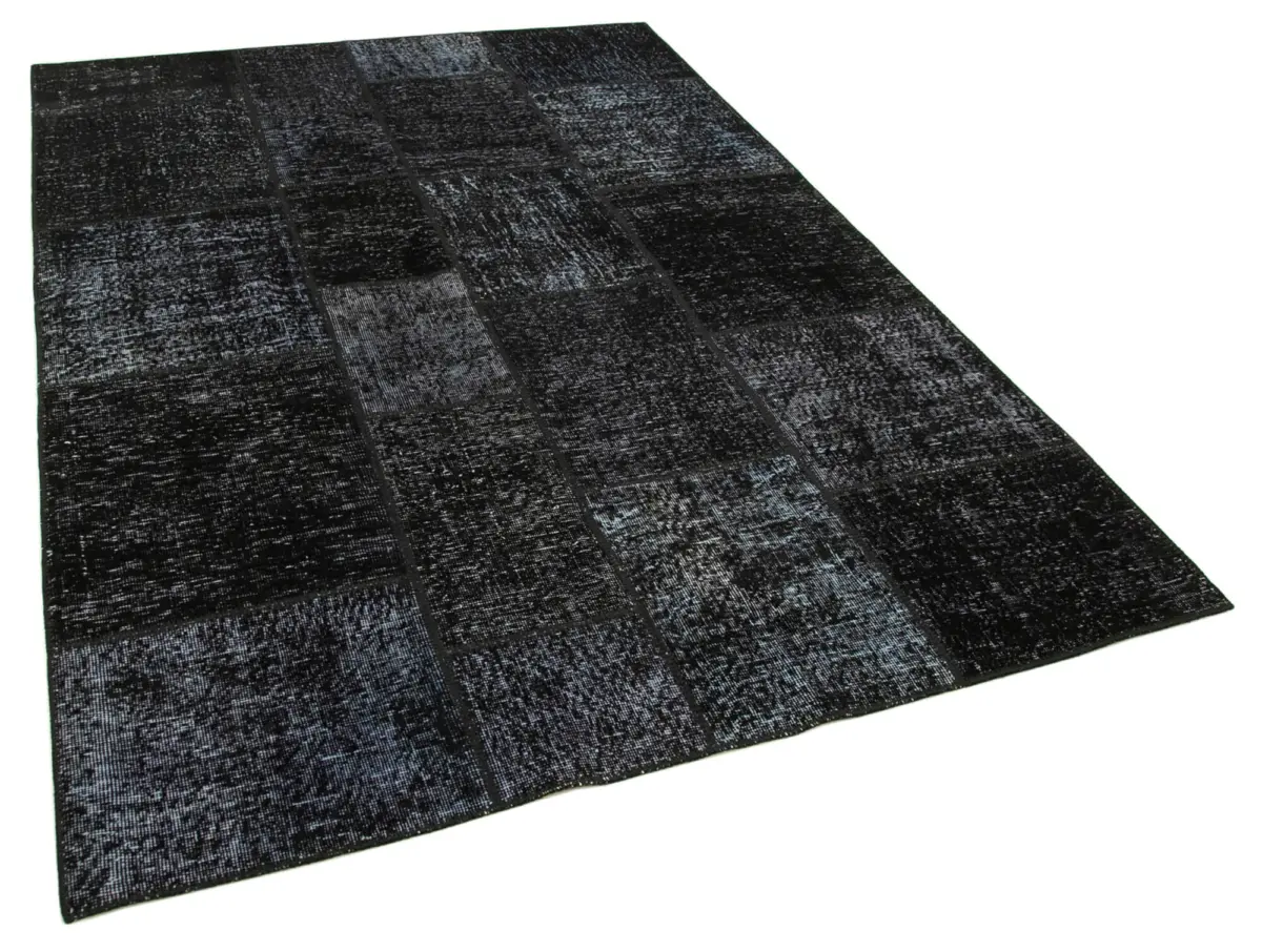 Patchwork Siyah Pamuk Üzerine Yün El Dokuma Kilim-172x244 - Görsel 2