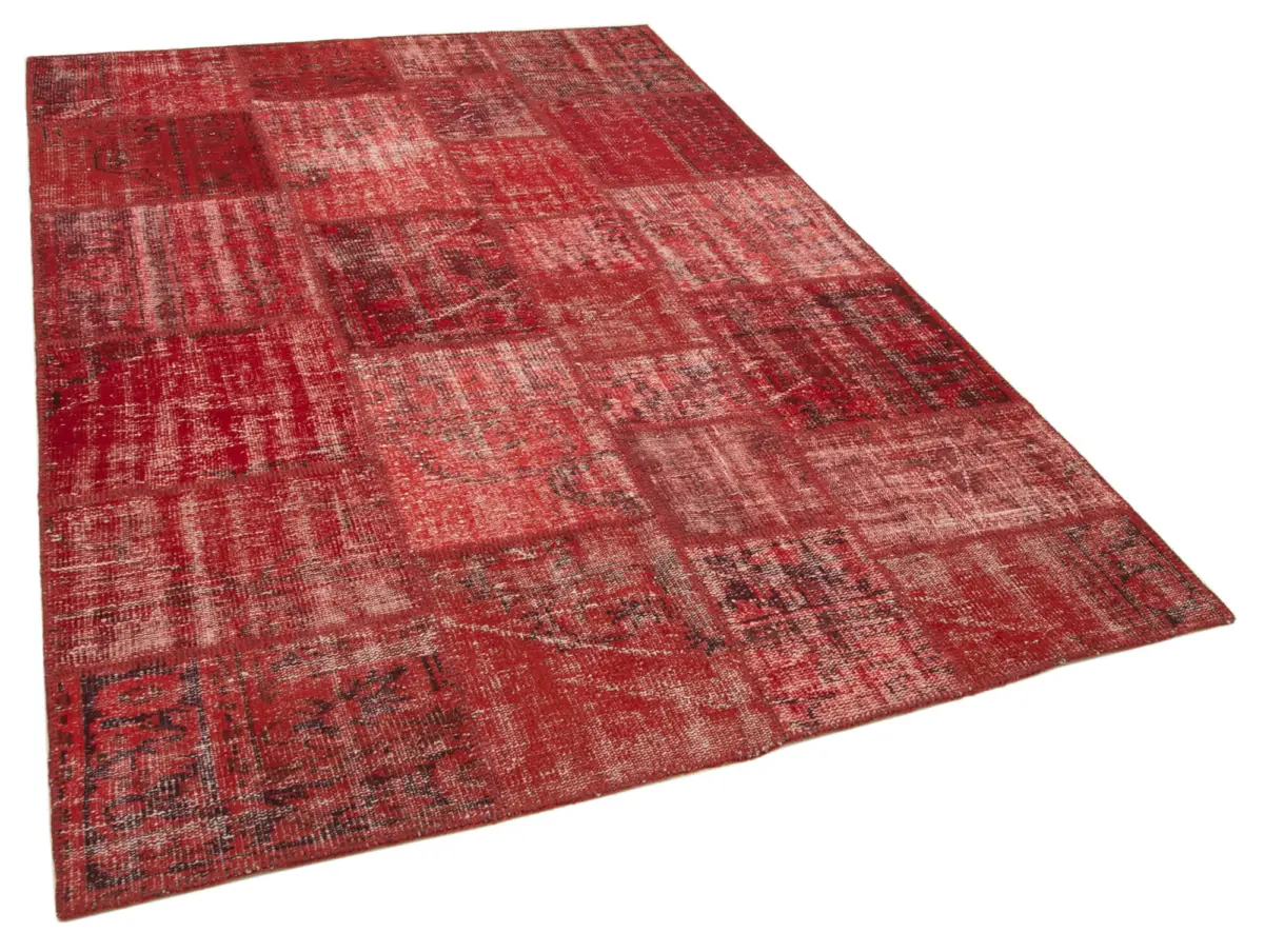 Patchwork Kırmızı Pamuk Üzerine Yün El Dokuma Kilim-177x248 - Görsel 2