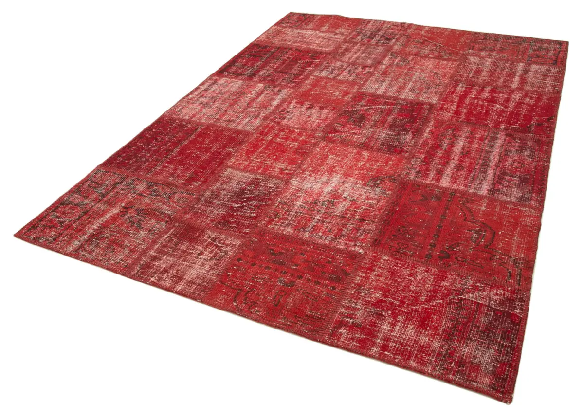 Patchwork Kırmızı Pamuk Üzerine Yün El Dokuma Kilim-177x248 - Görsel 3