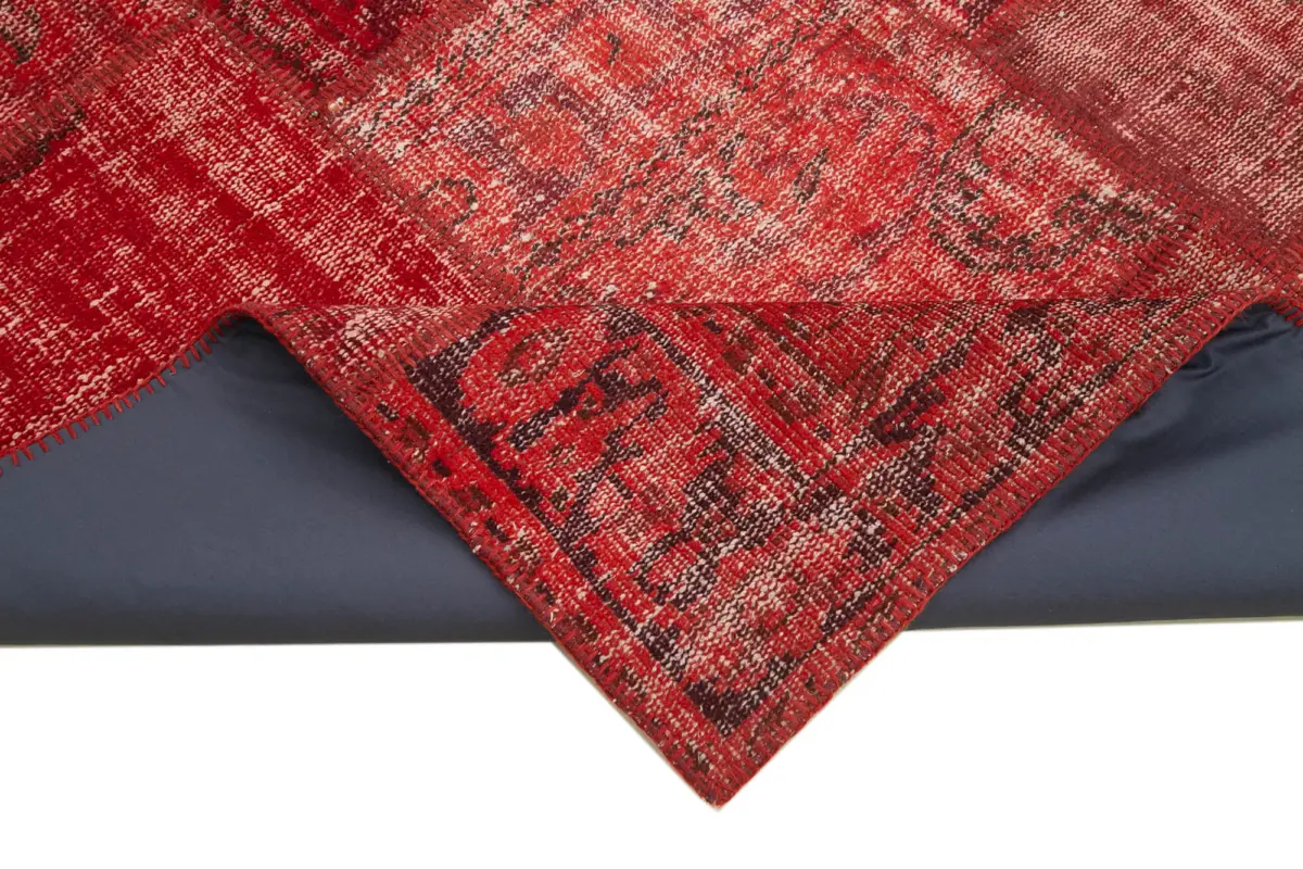 Patchwork Kırmızı Pamuk Üzerine Yün El Dokuma Kilim-177x248 - Görsel 6