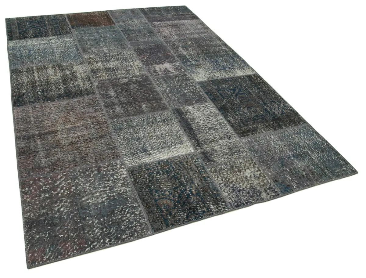 Patchwork Gri Pamuk Üzerine Yün El Dokuma Kilim-173x240 - Görsel 2