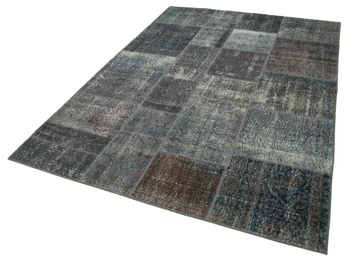 Patchwork Gri Pamuk Üzerine Yün El Dokuma Kilim-173x240 - Görsel 3