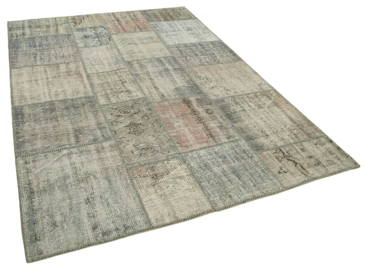 Patchwork Gri Pamuk Üzerine Yün El Dokuma Kilim-175x244 - Görsel 2