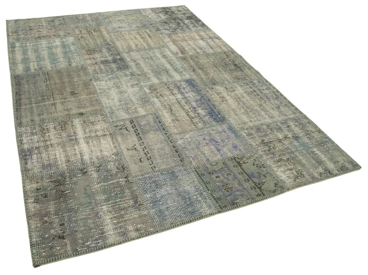 Patchwork Gri Pamuk Üzerine Yün El Dokuma Kilim-175x245 - Görsel 2
