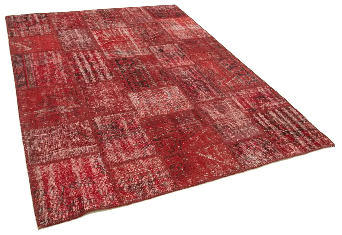 Patchwork Kırmızı Pamuk Üzerine Yün El Dokuma Kilim-180x245 - Görsel 2