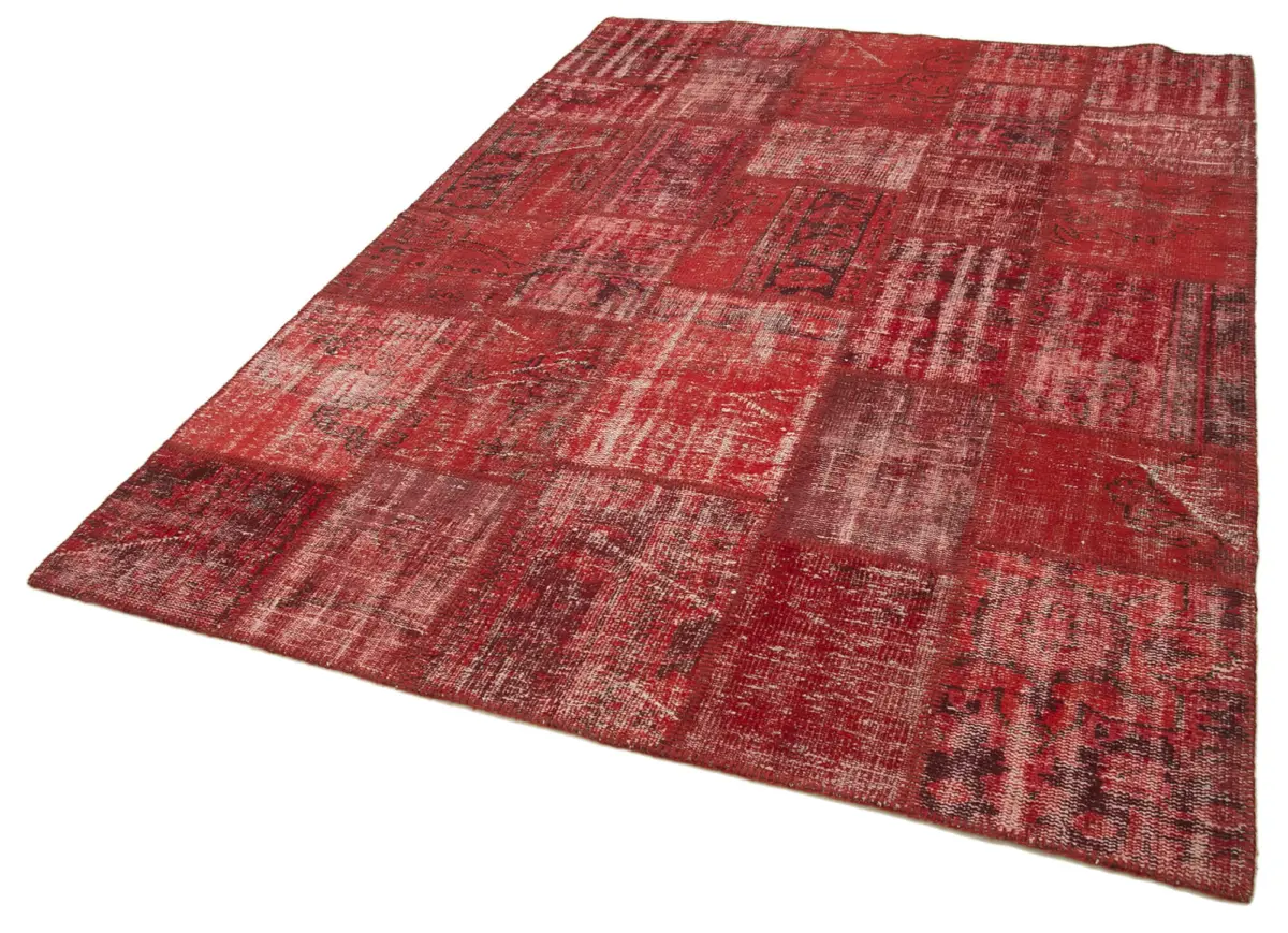 Patchwork Kırmızı Pamuk Üzerine Yün El Dokuma Kilim-180x245 - Görsel 3