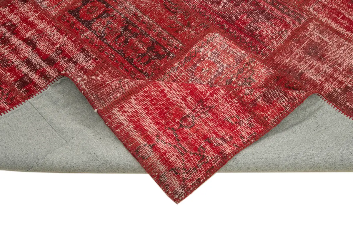 Patchwork Kırmızı Pamuk Üzerine Yün El Dokuma Kilim-180x245 - Görsel 6