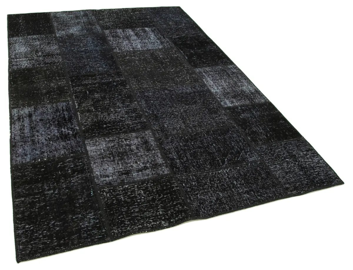 Patchwork Siyah Pamuk Üzerine Yün El Dokuma Kilim-165x243 - Görsel 2