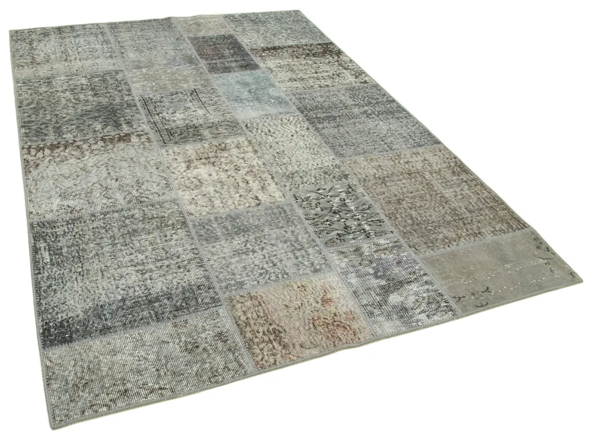 Patchwork Gri Pamuk Üzerine Yün El Dokuma Kilim-170x240 - Görsel 2