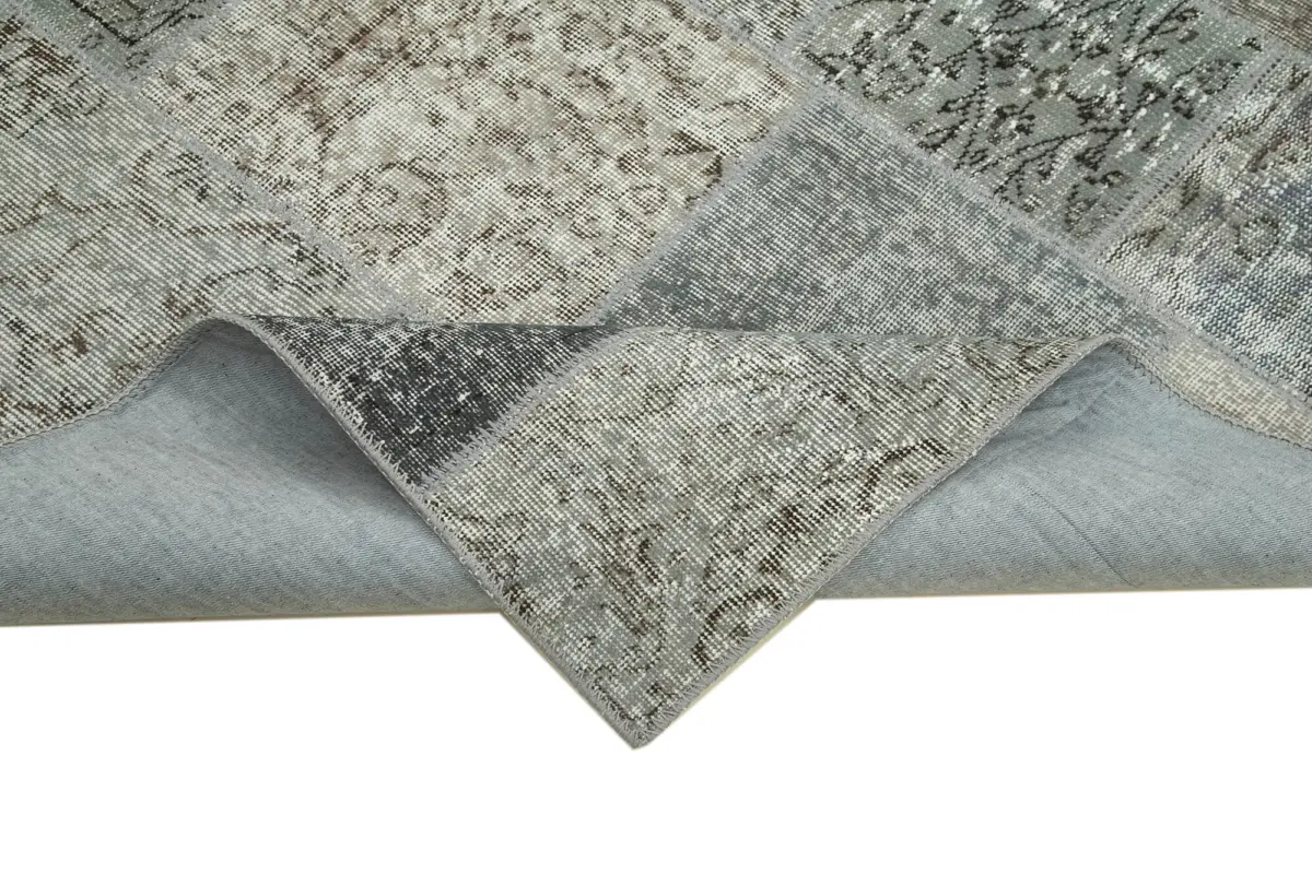 Patchwork Gri Pamuk Üzerine Yün El Dokuma Kilim-170x240 - Görsel 6