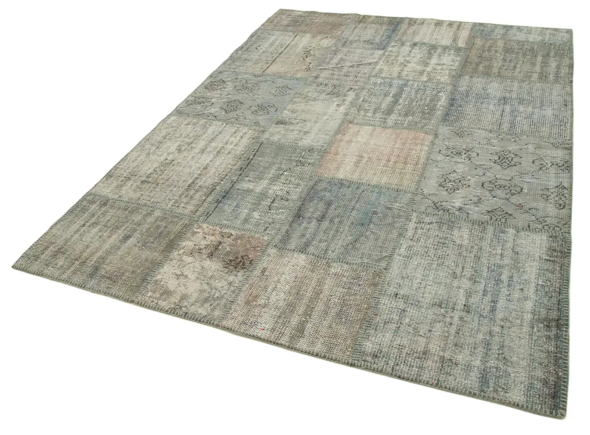Patchwork Gri Pamuk Üzerine Yün El Dokuma Kilim-176x241 - Görsel 3