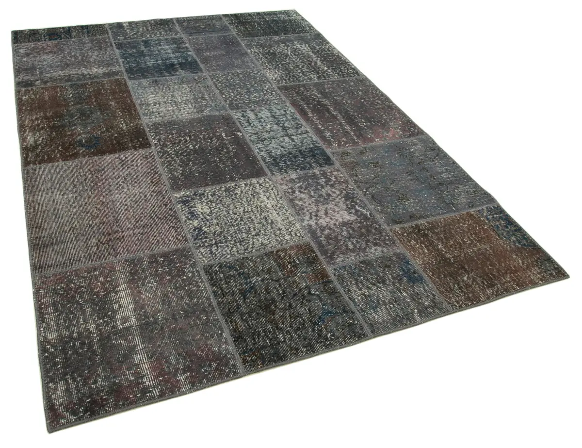 Patchwork Gri Pamuk Üzerine Yün El Dokuma Kilim-170x240 - Görsel 2