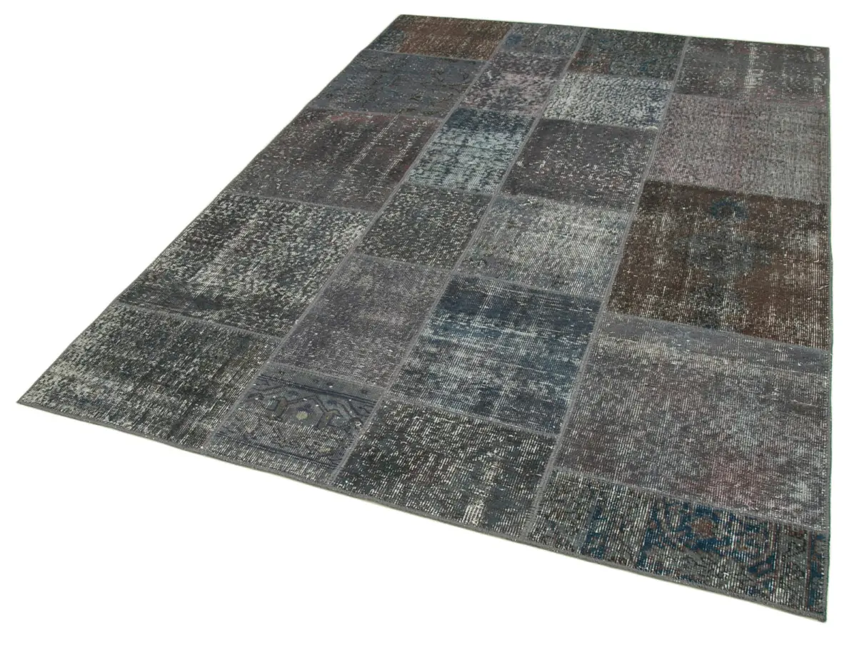 Patchwork Gri Pamuk Üzerine Yün El Dokuma Kilim-170x240 - Görsel 3